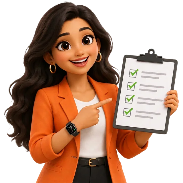 Tia pointing at a checklist of money goals