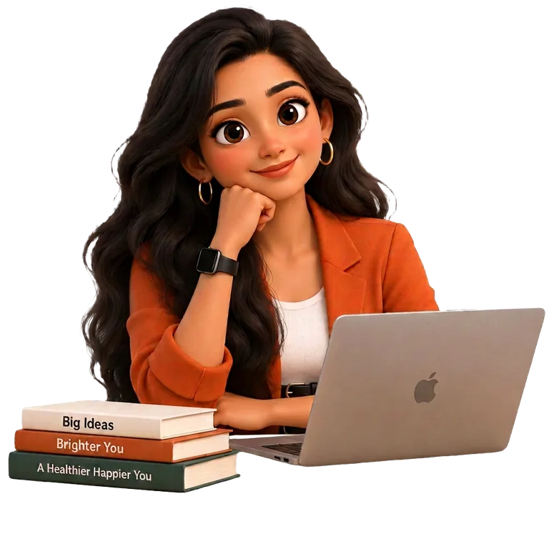 Tia thinking at her laptop, ready with a suggestion